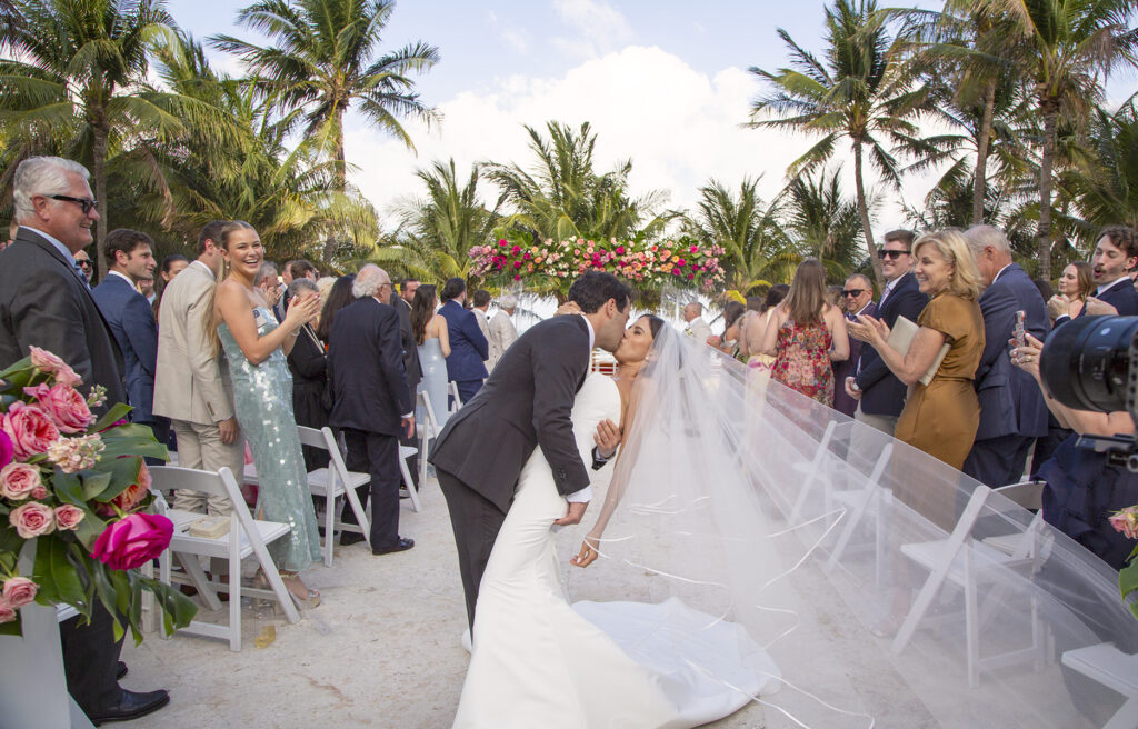 the kiss, just married, south beach, destination wedding